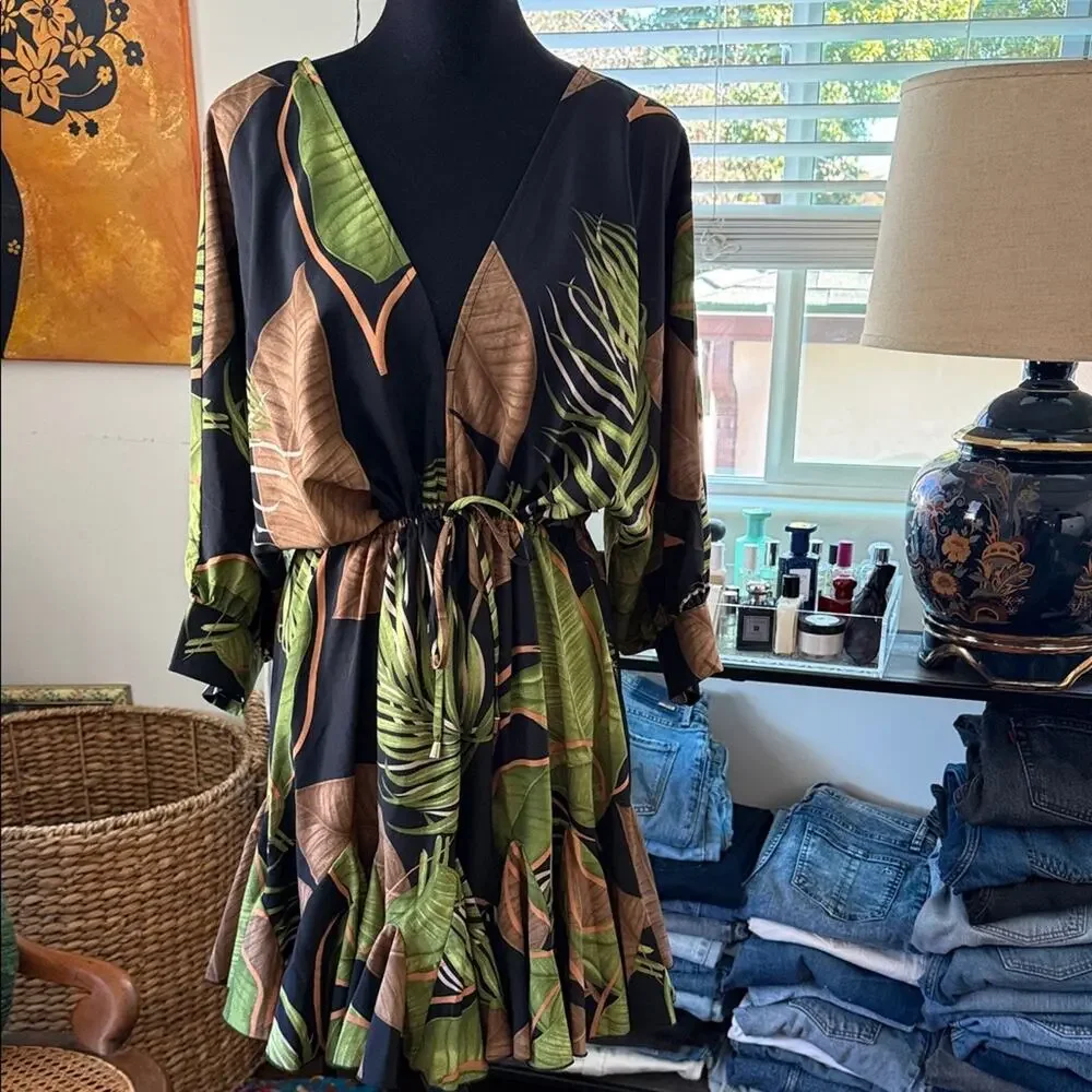 NWT Aakaa Tropical Earthtone Ruffle Cinch Waist Boho Hippie Resort Mini Dress - Picture 1 of 5